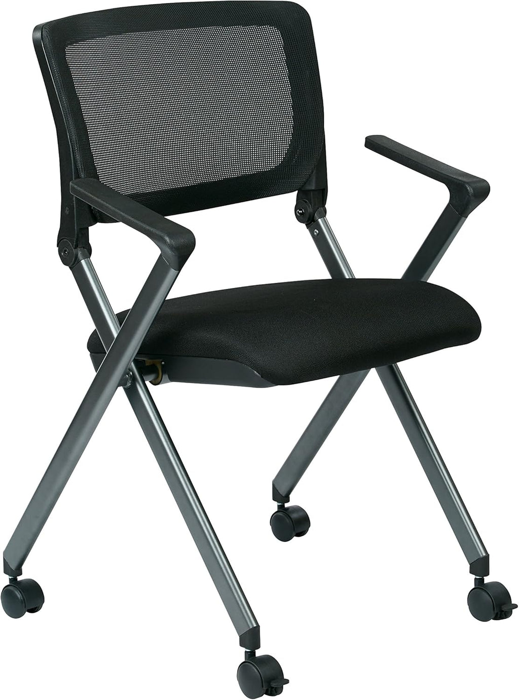 Black Mesh Back Folding Nesting Chair with Padded Fabric Seat and Casters, 2-Pack D3498