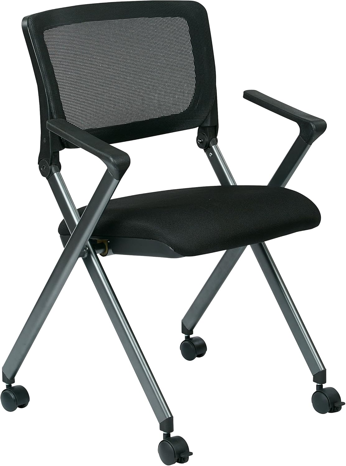 Black Mesh Back Folding Nesting Chair with Padded Fabric Seat and Casters, 2-Pack D3498