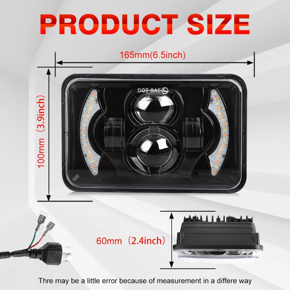 2pcs 4x6 Inch LED Headlights Sealed Beam 80W Amber Halo Rectangular O194