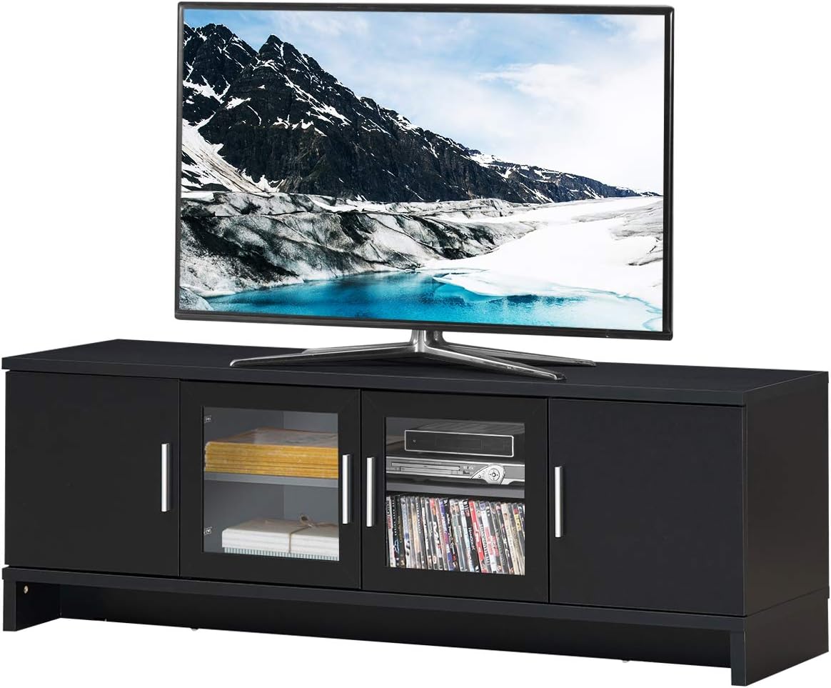 Walnut TV Stand with Glass Doors and Adjustable Shelf H17362