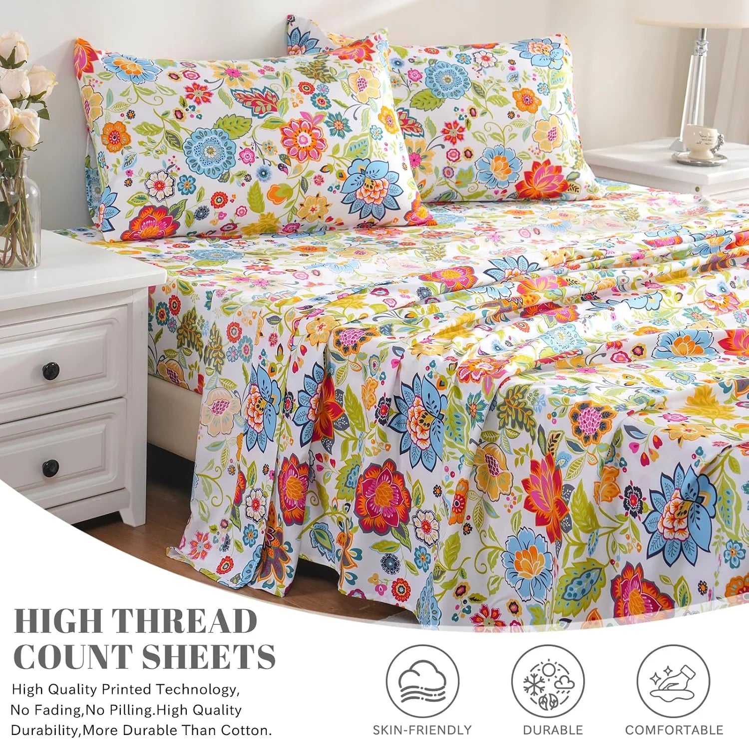 Pink Floral 4 Piece California King Microfiber Sheet Set V369011