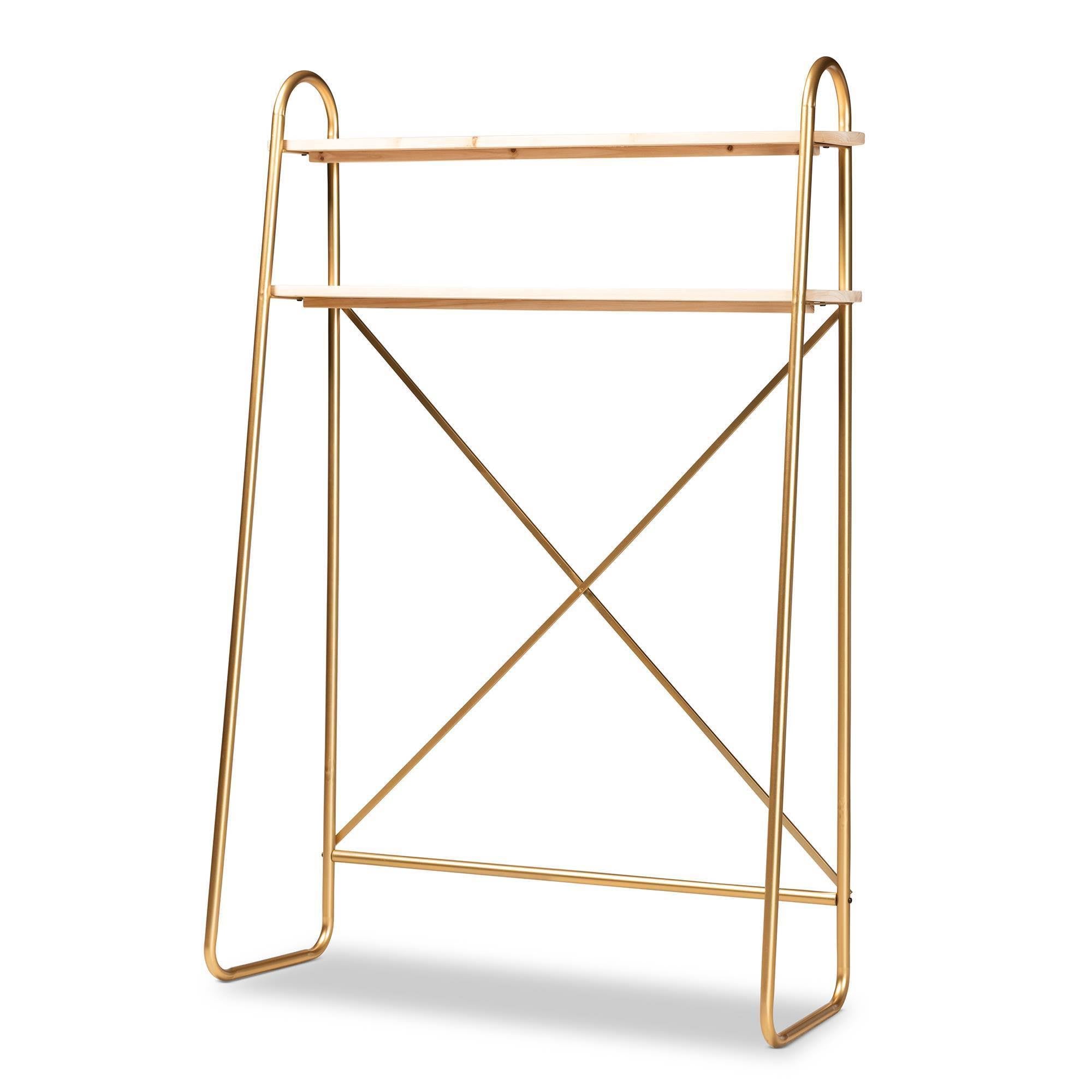 Brushed Gold Finished Metal and Natural Brown Finished Wood 2-Tier Over Bed Twin Size Storage Y70665