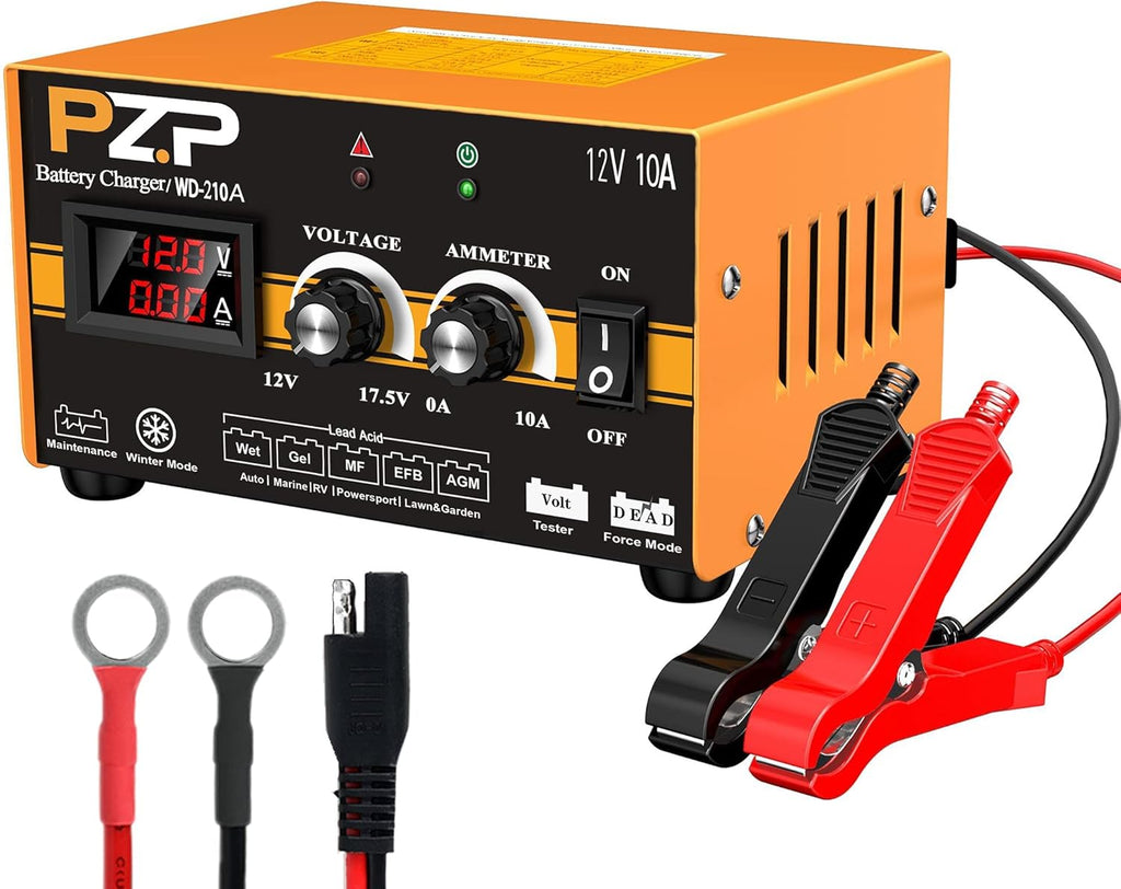 12V 0-10A Automatic Battery Charger and Maintainer with SAE Adapters, Battery Clamps and O-Ring Connectors Q343808