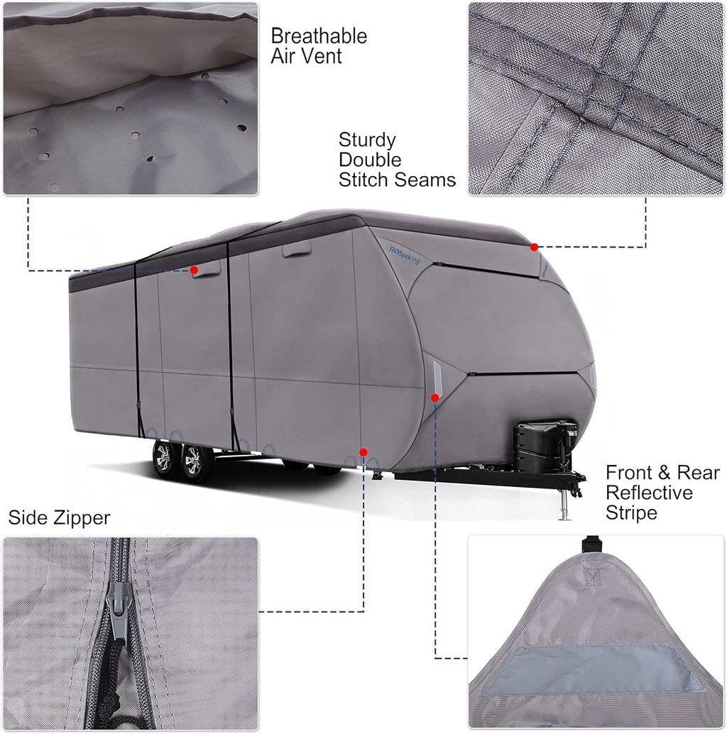 Upgraded Waterproof 500D Travel Trailer Cover with 4 Tire Covers, Tongue Jack Cover J1829