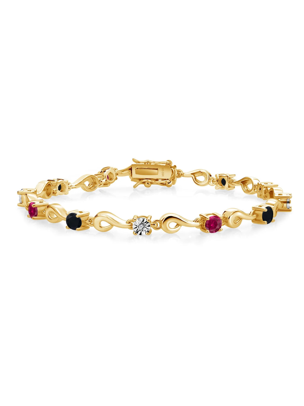 18K Yellow Gold Plated Silver Red Created Ruby Black Onyx White Lab Grown Diamond Bracelet I711