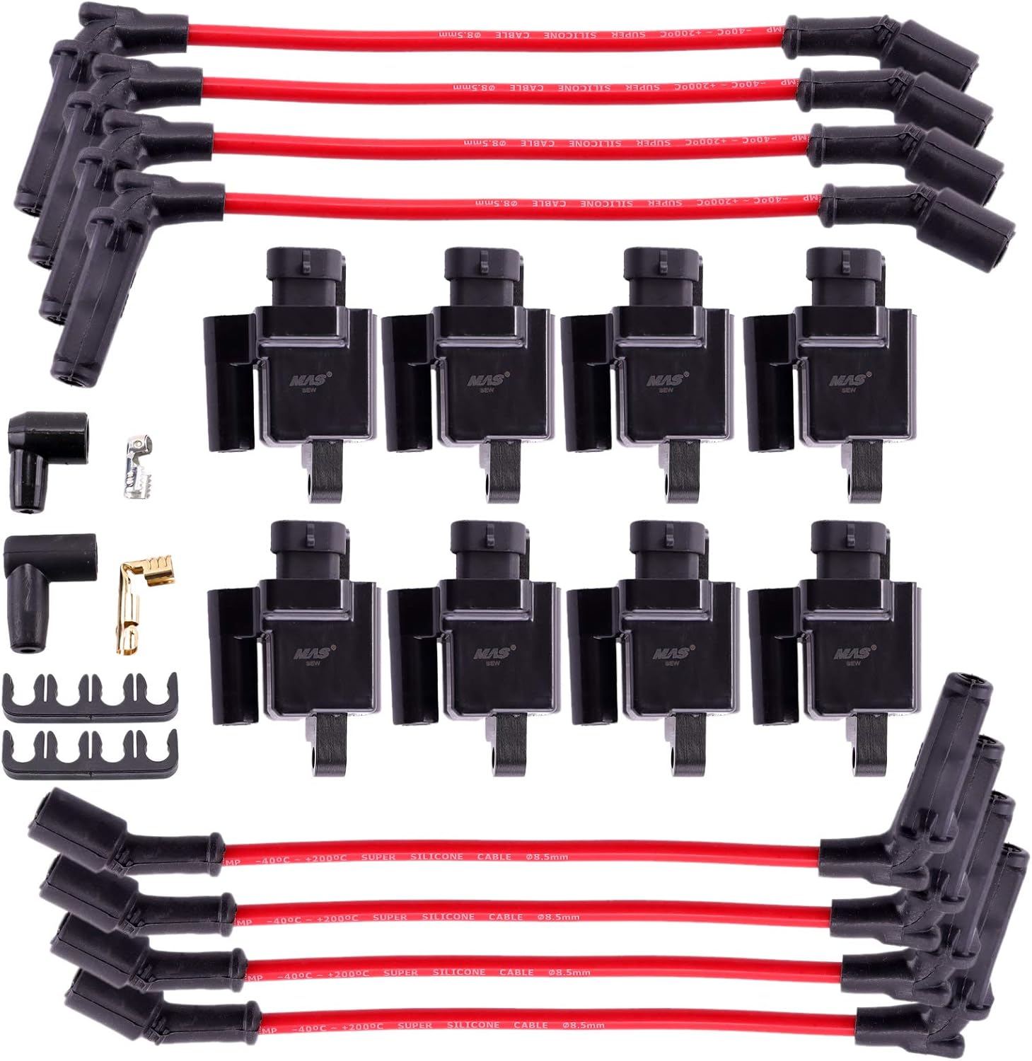 Square Ignition Coil UF271 With Spark Plug Wires (Pack of 8) O5206