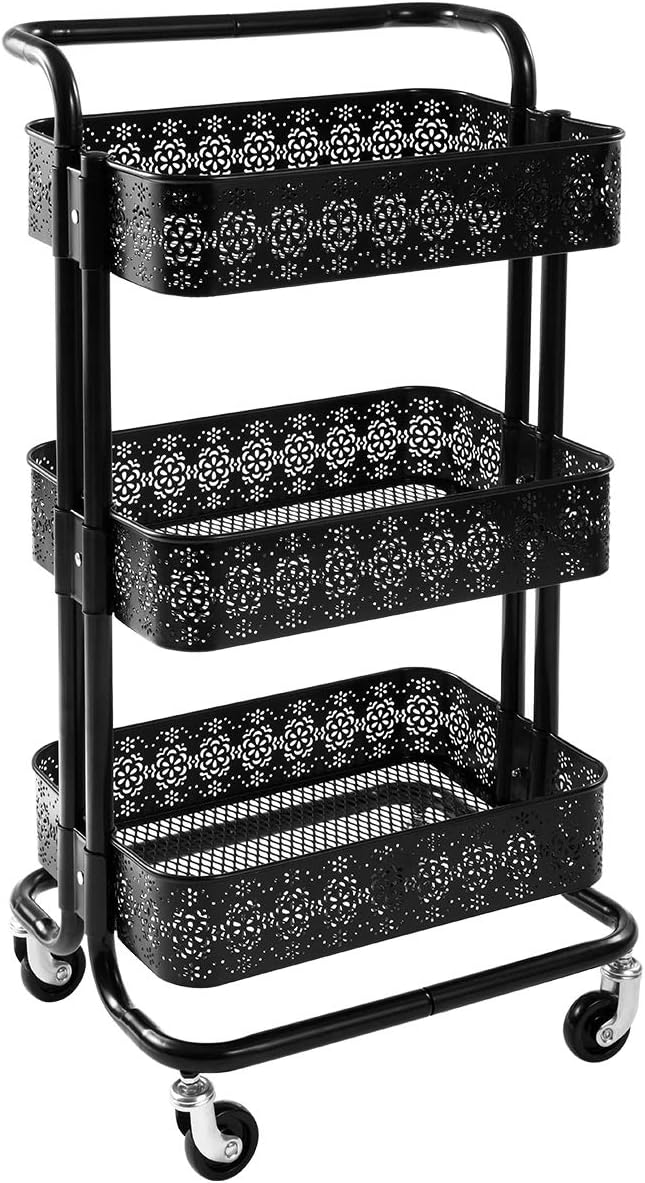 White 3-Tier Mesh Metal Utility Cart with Handle Z856