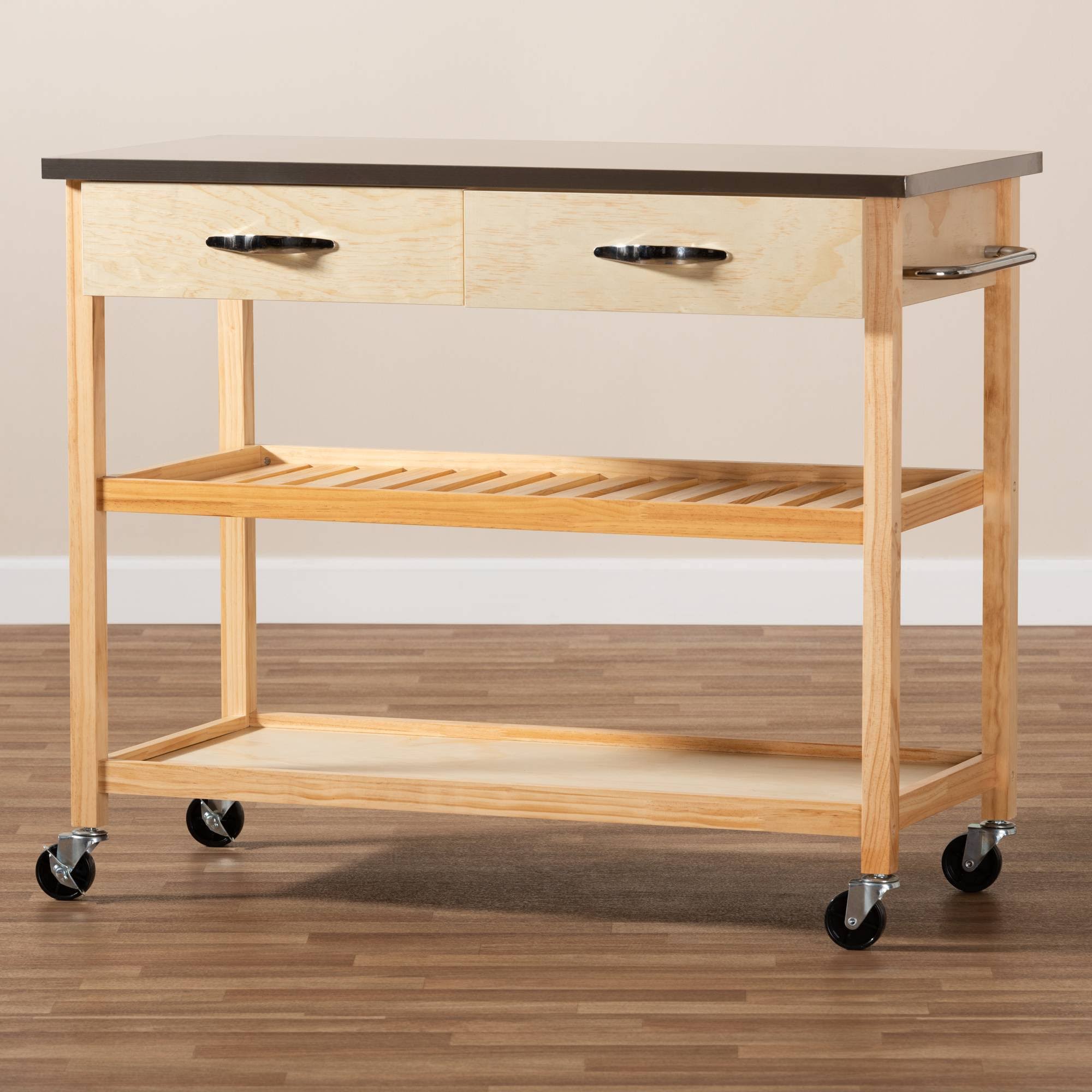 Pine Wood and Stainless Steel 2-Drawer Kitchen Island Utility Storage Cart Q111