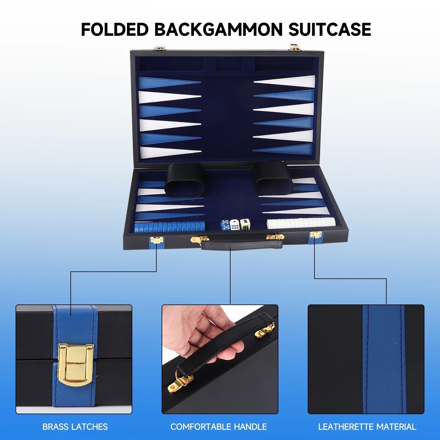 Black & Blue Leather Folding Backgammon Board Game Set M4350