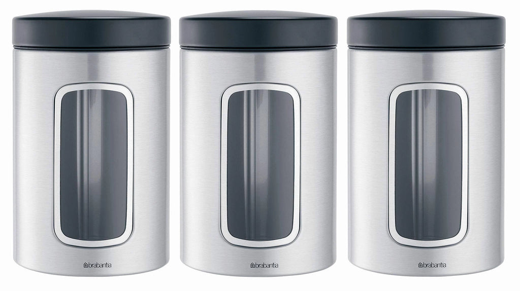 3-Piece Window Canister Set, 1.4-Liter, Matte Steel with Black Lid I85815