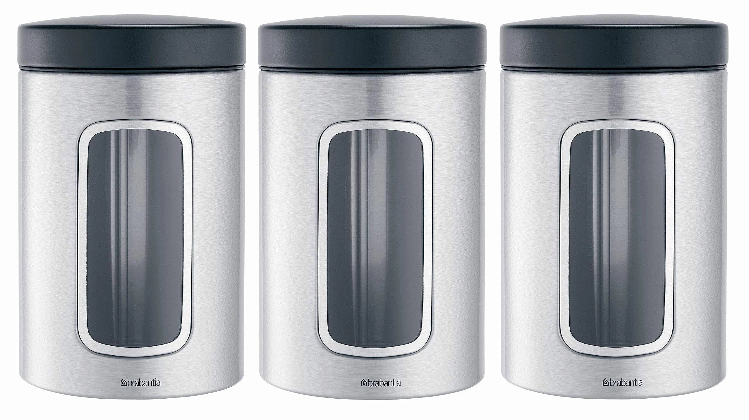 3-Piece Window Canister Set, 1.4-Liter, Matte Steel with Black Lid I85815