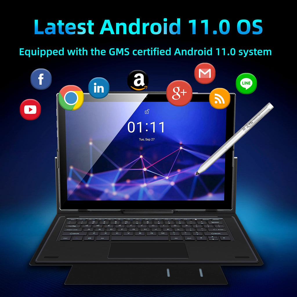10.1 inch 2 in 1 Android 12 Tablet with Docking Keyboard Case, 4GB RAM 64GB ROM, 1920x1200 Full HD, Octa-Core Processor, 7000mAh Battery, Gray I990