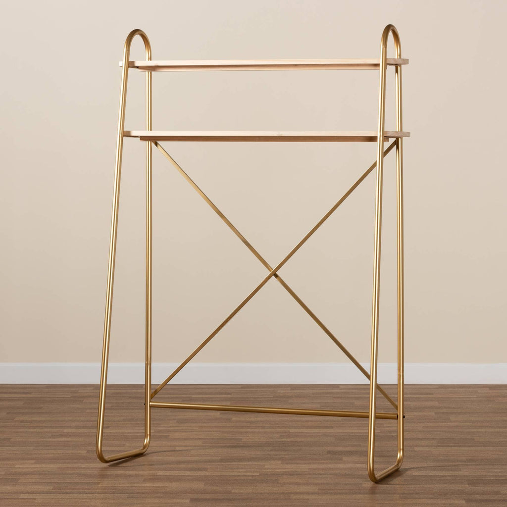 Brushed Gold Finished Metal and Natural Brown Finished Wood 2-Tier Over Bed Twin Size Storage Y70665