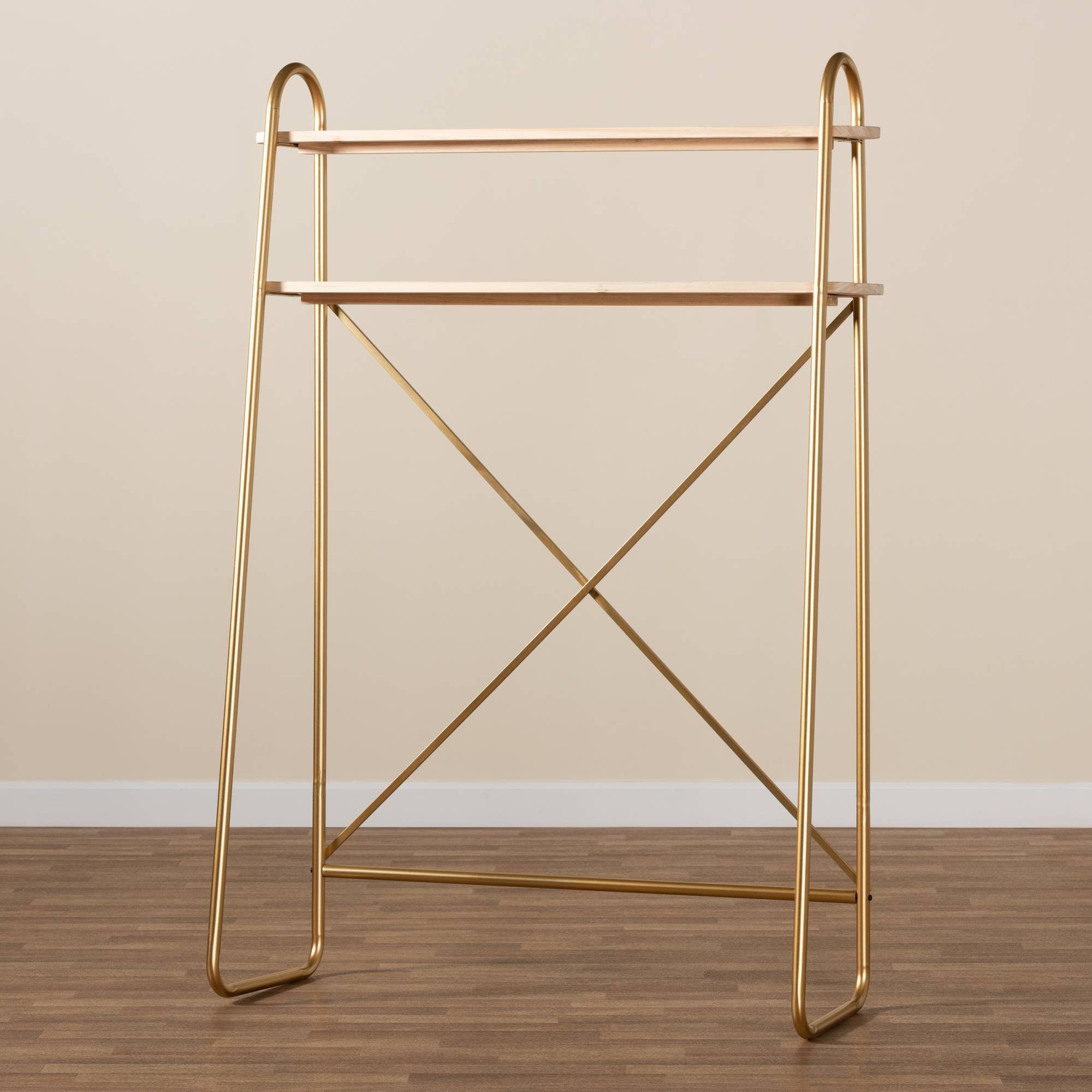 Brushed Gold Finished Metal and Natural Brown Finished Wood 2-Tier Over Bed Twin Size Storage Y70665