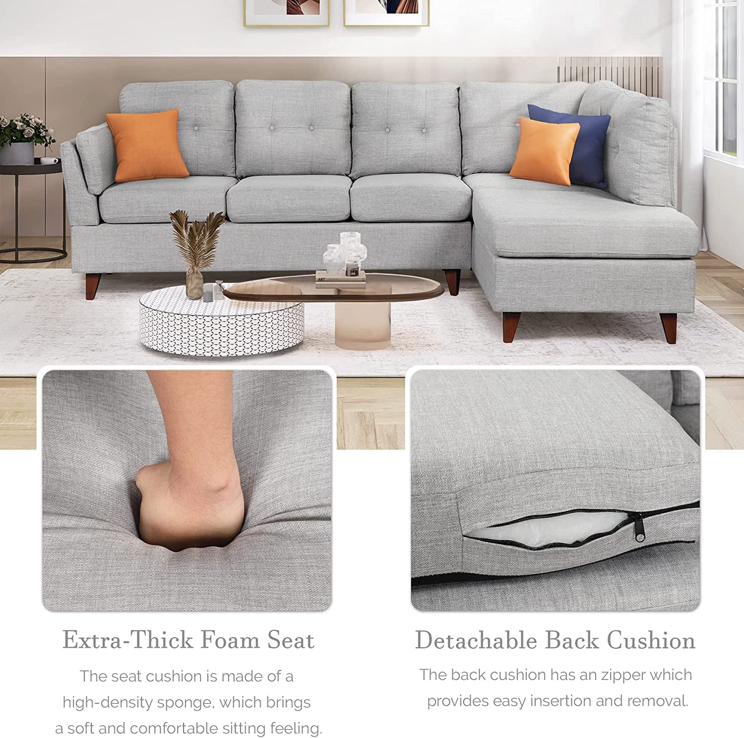 Gray Linen L-Shape Sectional Sofa with Chaise Lounge Q355