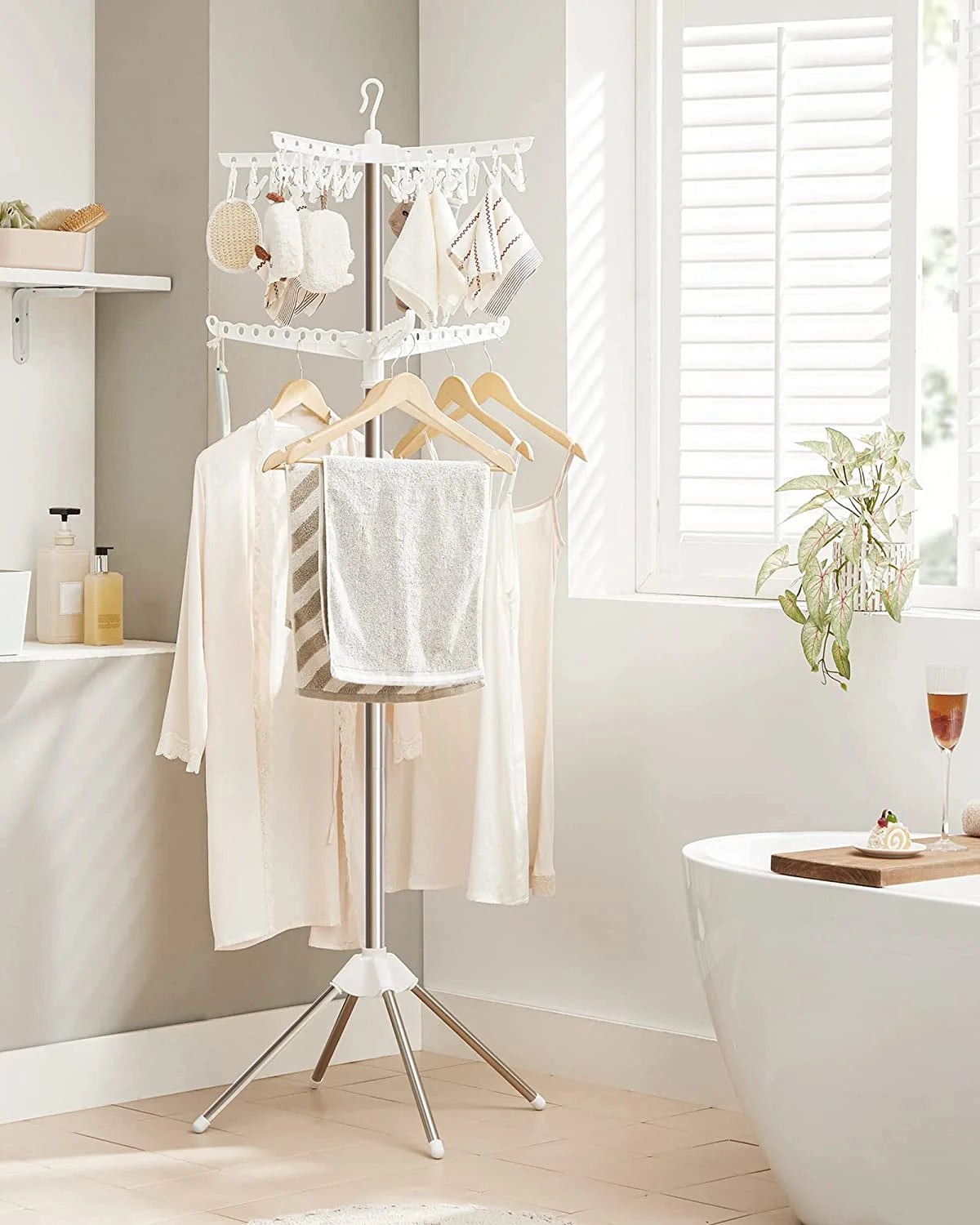 2-Tier Foldable Laundry Drying Rack with 27 Clips Stainless Steel White and Silver N454146